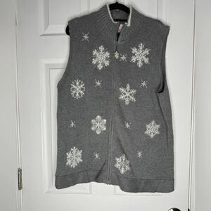 QUACKER‎ FACTORY Gray Snowflake Zip-Up Sweater Vest Size XL Ramie/Cotton Blend